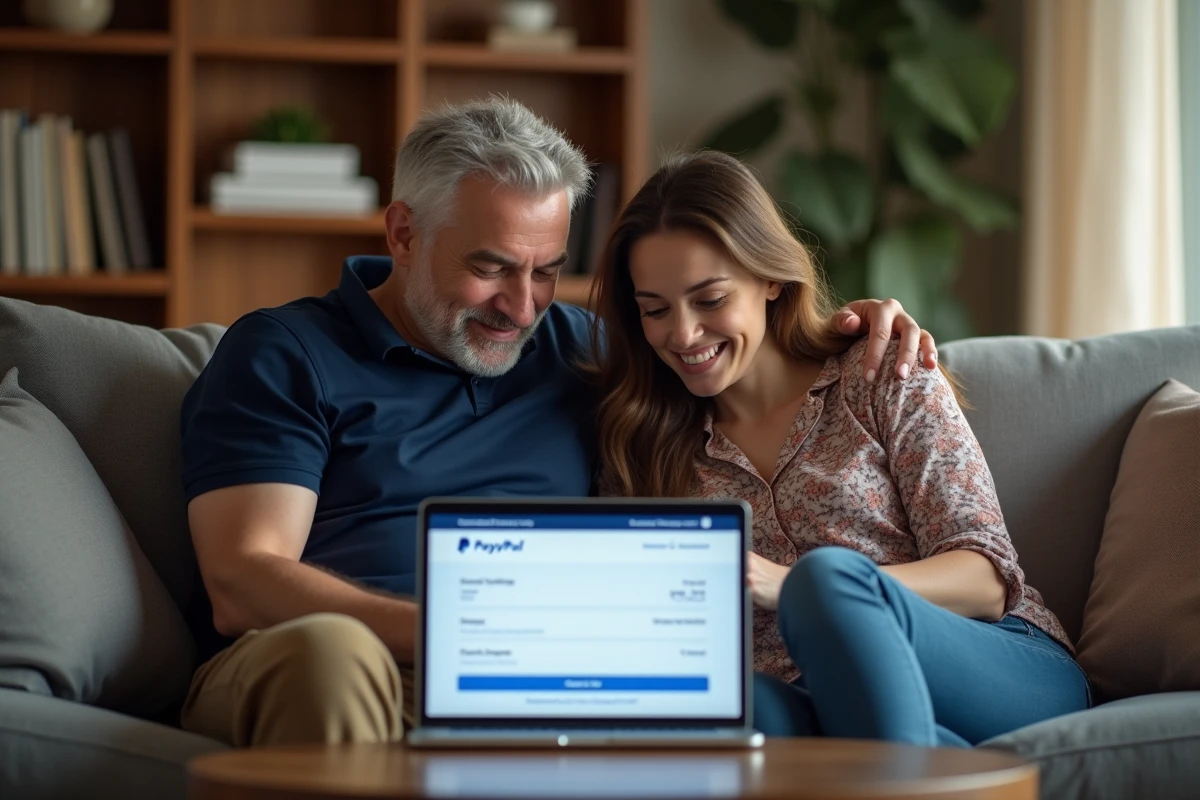 Père et fille consultant ensemble une confirmation de virement PayPal sur un ordinateur portable dans un salon