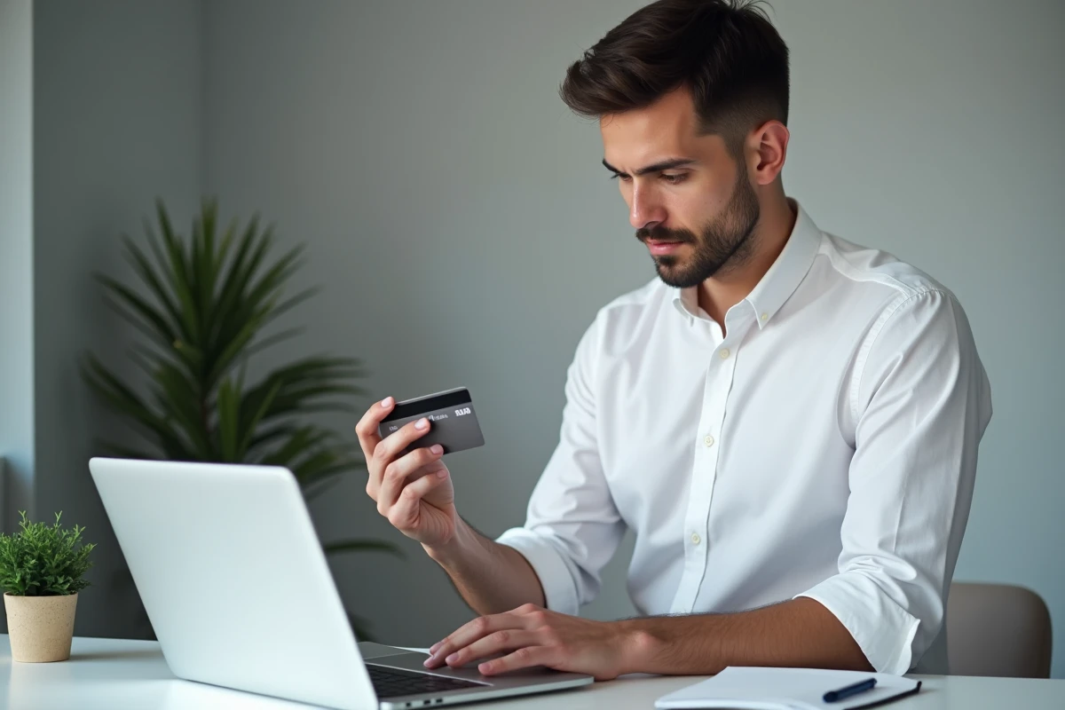 Homme effectuant un virement PayPal sécurisé depuis son bureau à domicile avec carte bancaire et ordinateur