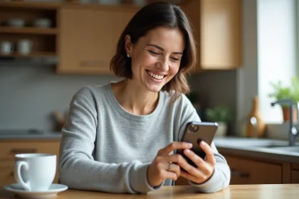 Femme effectuant un virement PayPal vers un proche depuis son smartphone dans une cuisine moderne