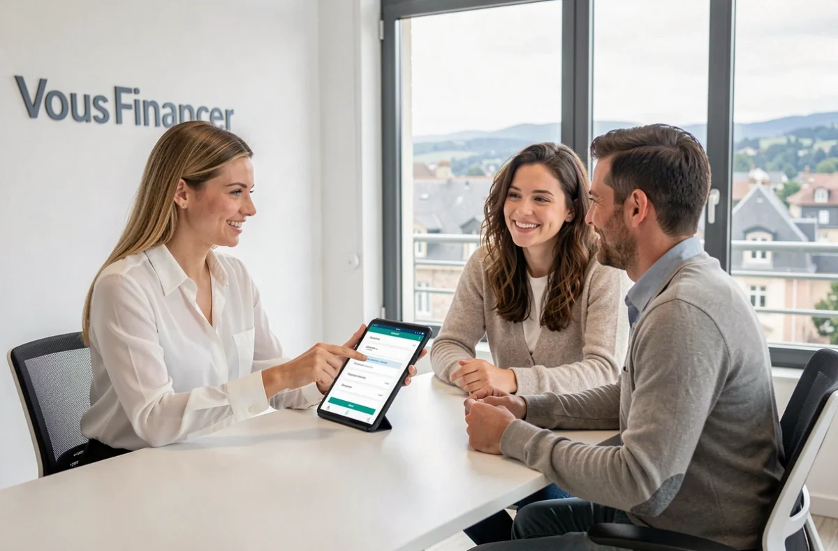 Conseillère Vous Financer à Brive-la-Gaillarde présentant des options de prêt immobilier sur tablette à des clients en Corrèze