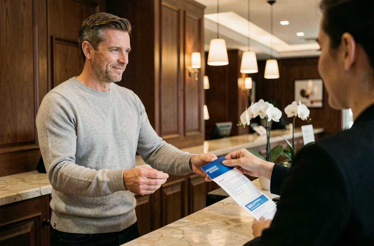 Voyageur utilisant sa carte American Express à la réception d'un hôtel à l'étranger avec assistance assurance