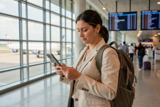 Femme voyageuse consultant son téléphone dans un aéroport international avant un départ à l'étranger