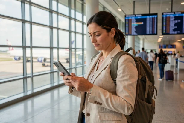 Femme voyageuse consultant son téléphone dans un aéroport international avant un départ à l'étranger