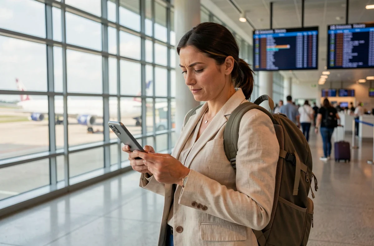 Femme voyageuse consultant son téléphone dans un aéroport international avant un départ à l'étranger
