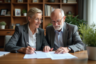 Une femme d'âge moyen et un homme âgé lisant des documents ensemble