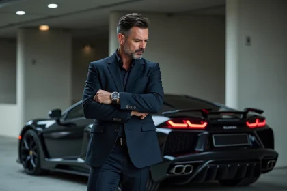 Homme d'affaires millionnaire en costume regardant sa montre de luxe devant une voiture de sport noire dans un garage privé