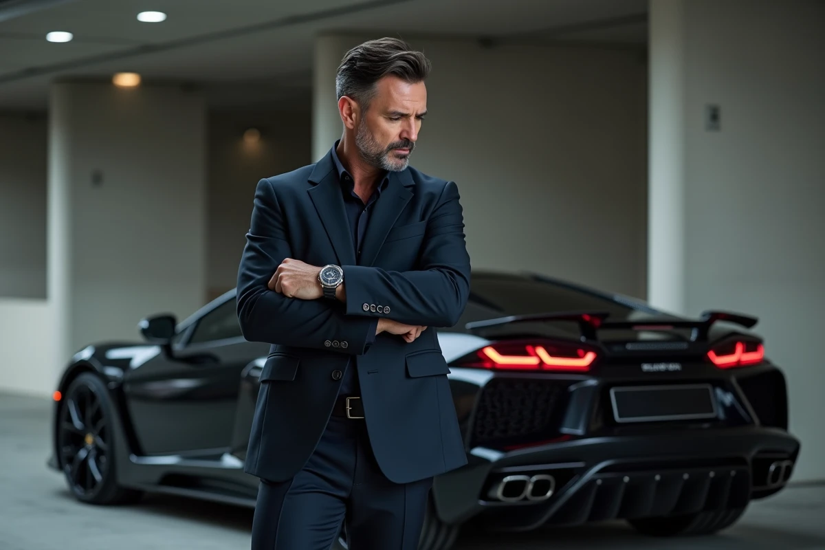 Homme d'affaires millionnaire en costume regardant sa montre de luxe devant une voiture de sport noire dans un garage privé