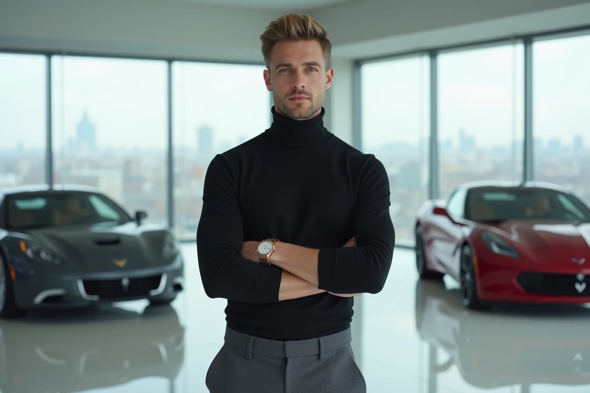 Homme milliardaire dans un showroom automobile luxueux avec deux voitures de sport et montre en or rose au poignet