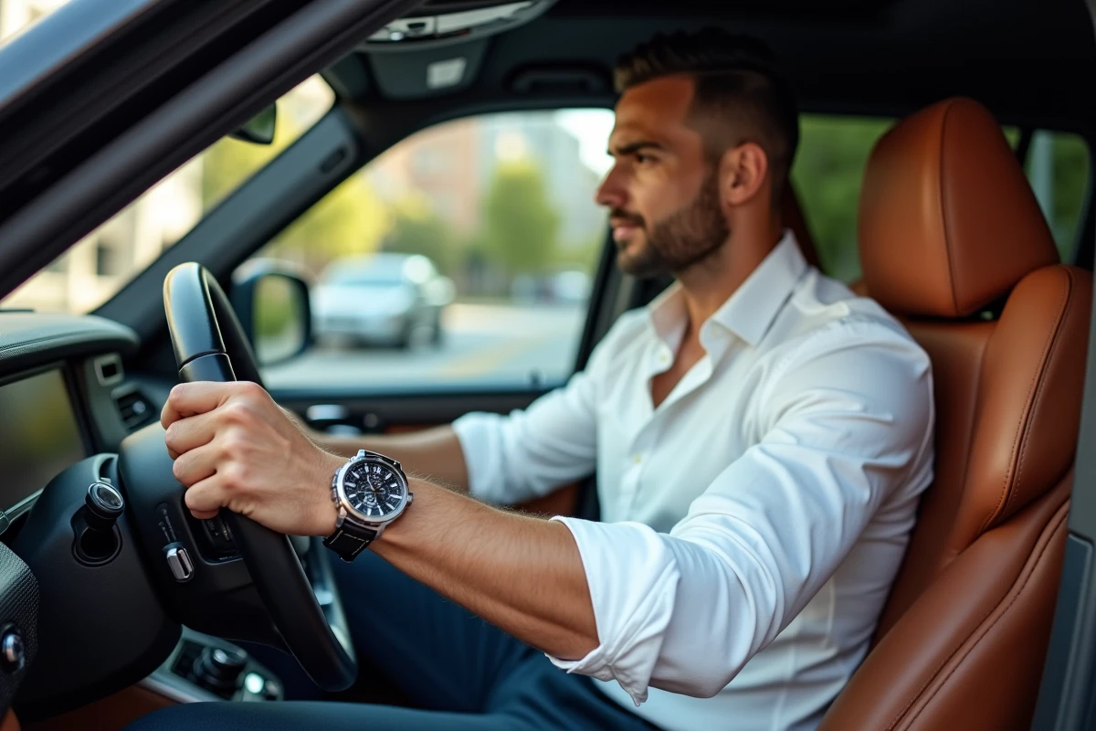 Millionnaire au volant d'un SUV de luxe portant une montre haut de gamme en acier, intérieur cuir visible